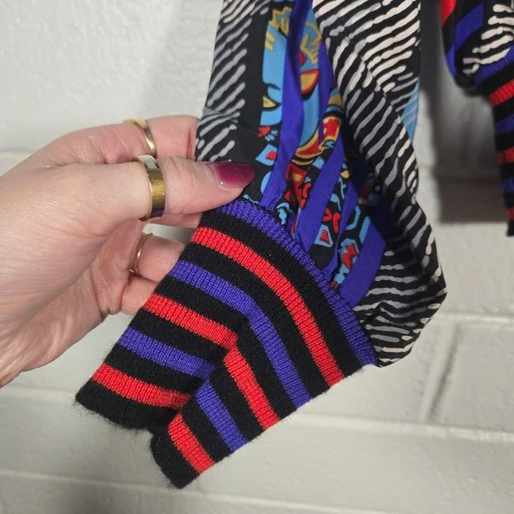 Vtg Abstract Pattern Mix Ruffle Knit Pullover Sweater Blouse Top Multi XL Bright - Picture 6 of 9